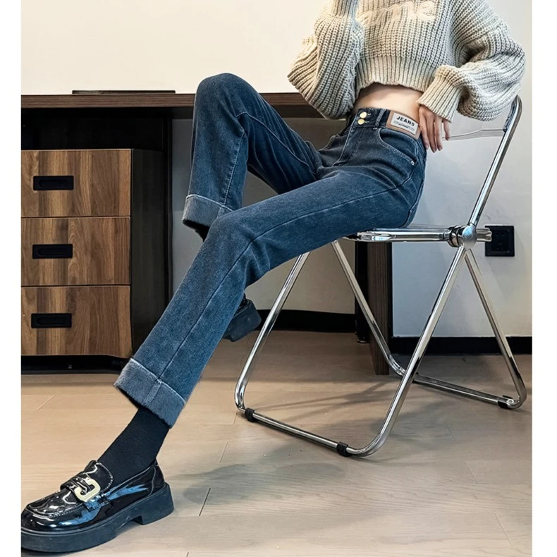 2025加绒高腰直筒牛仔裤女春季2025新款弹力显瘦显腿长百搭九分烟