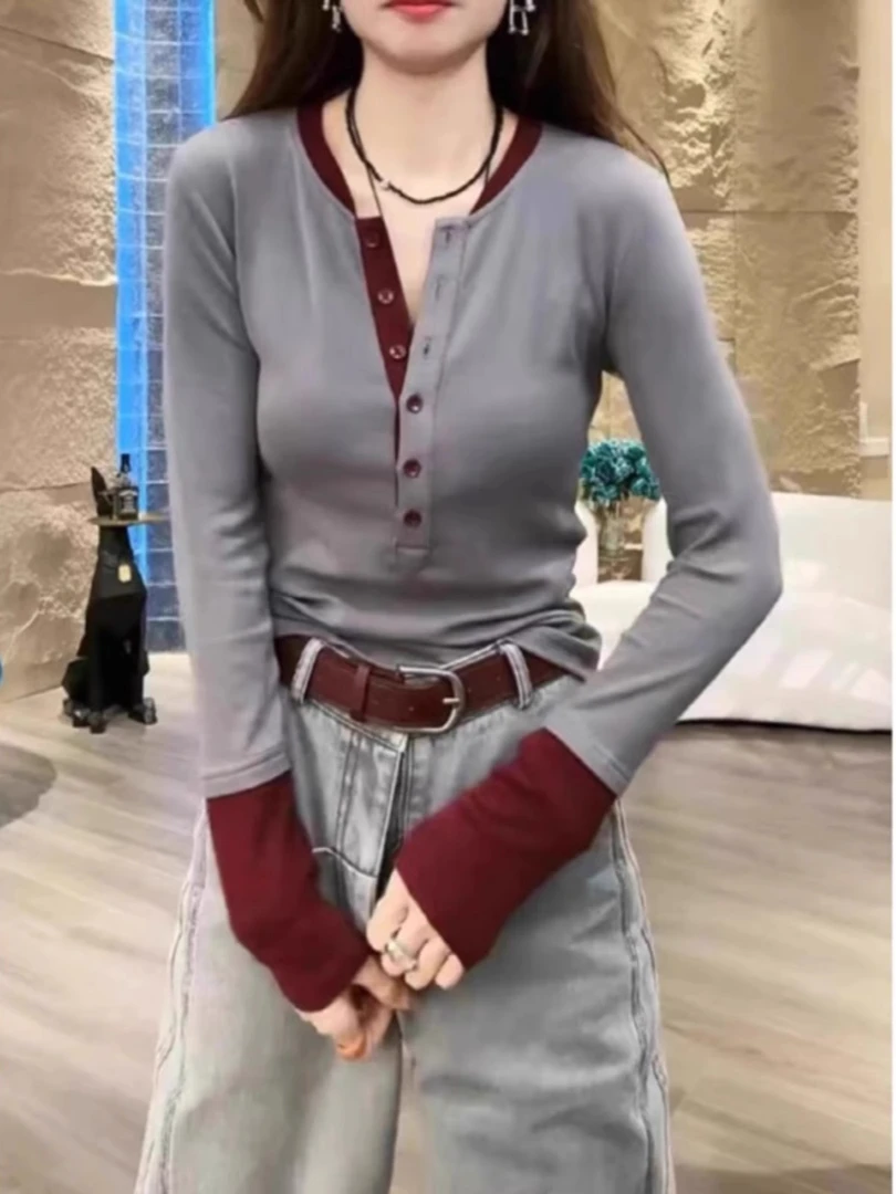 撞色假两件打底衫女装秋季2025新款大码修身显瘦内搭长袖t恤