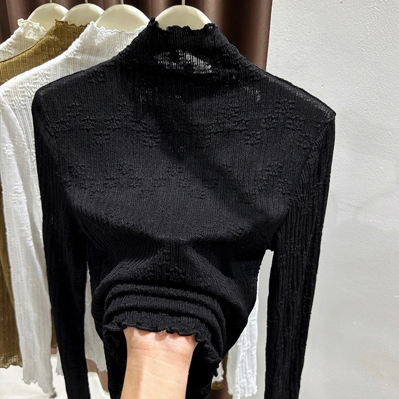 黑色半高领蕾丝打底衫秋季爆款2025洋气木耳边修身长袖内搭上