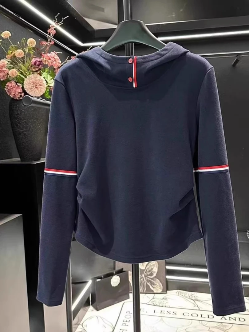 韩版港风时尚撞色拼接纽扣连帽长袖T恤女秋季运动风休闲通勤