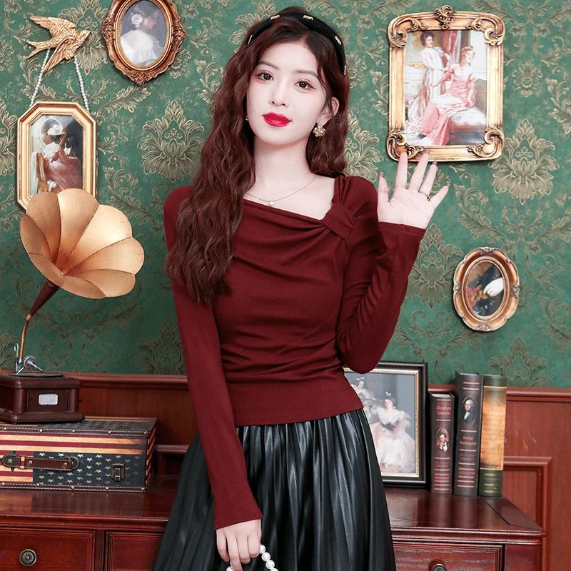 法式褶皱斜领长袖t恤女秋季新款洋气独特别致修身内搭打底衫