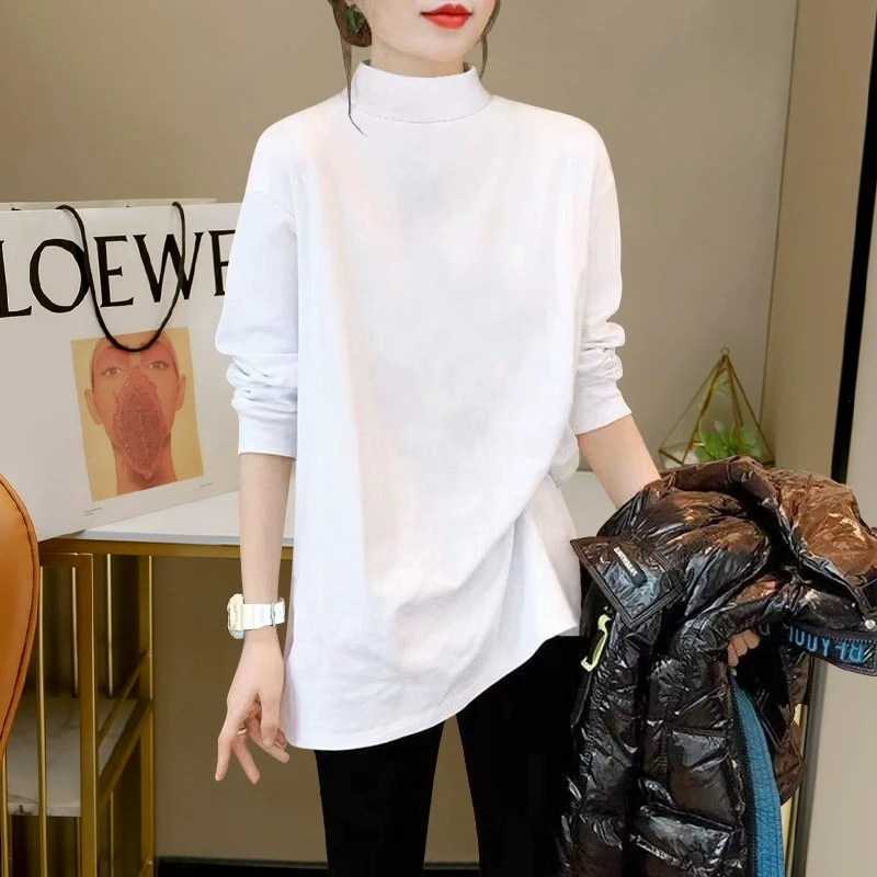 半高领白色长袖t恤女2025春秋新款宽松中长款纯棉内搭打底衫上衣