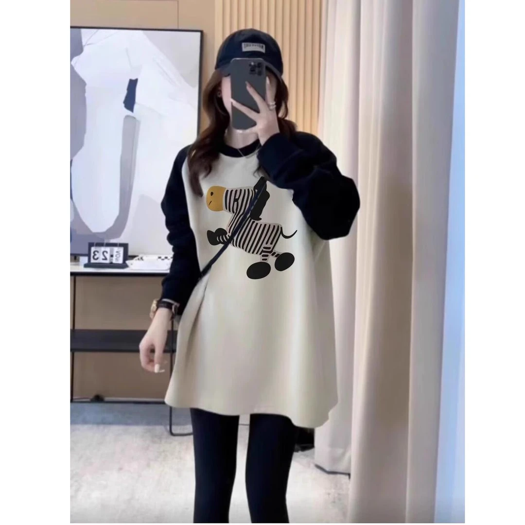 配鲨鱼裤的上衣秋冬2025新款加绒打底衫女宽松中长款磨毛长袖