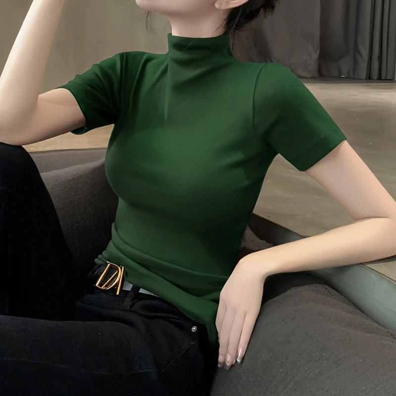 2025新款黑色短袖T恤女半高领夏季时尚修身显瘦百搭螺纹洋气