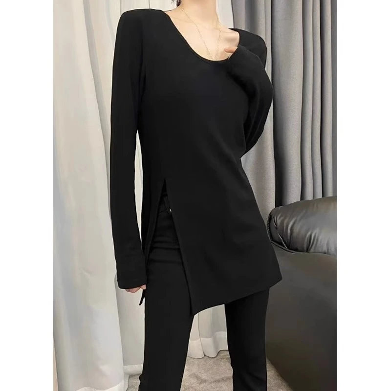 高级感黑色长袖打底衫T恤女春季新款小个子宽松显瘦叉中长款上衣
