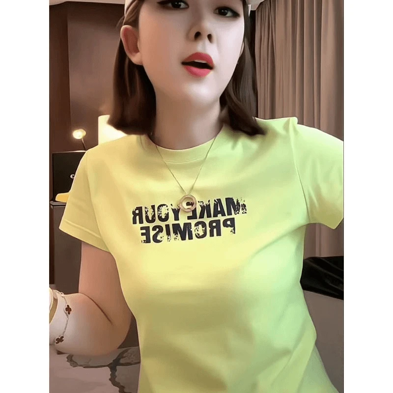 时尚简约字母印花黄色短袖t恤女2025夏季新款显瘦漂亮百搭上