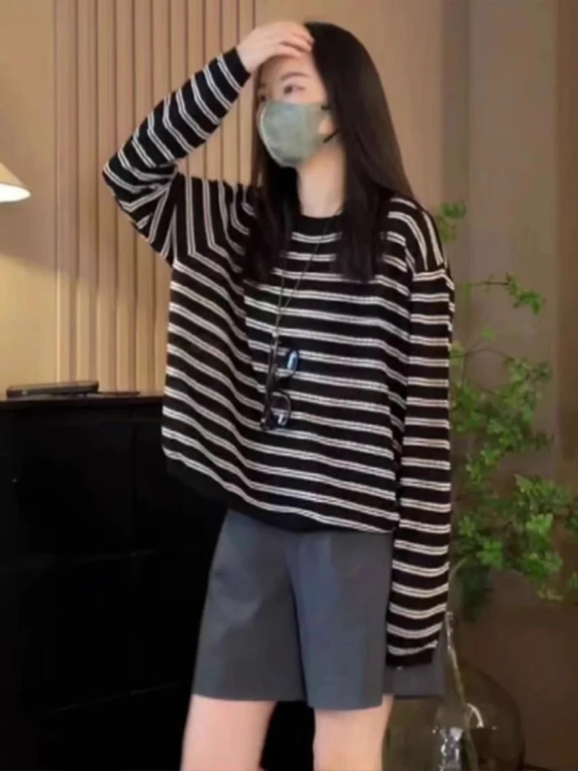 欧货条纹针织长袖T恤2025早秋新款女装小个子设计感独特别致