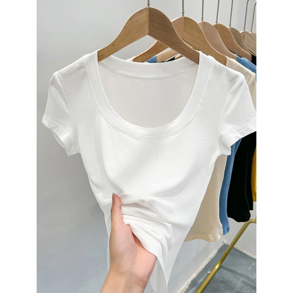 2025白色短袖T恤女士2025夏季新款修身显瘦低领体恤纯色正肩大U领