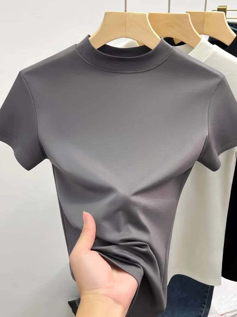2025罗马高端烟灰短袖T恤女小众设计上衣修身体恤打底衫垂感柔软2
