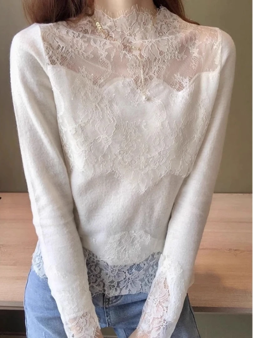 半高领蕾丝拼接长袖t恤女2025冬季新款时尚洋气修身显瘦打底