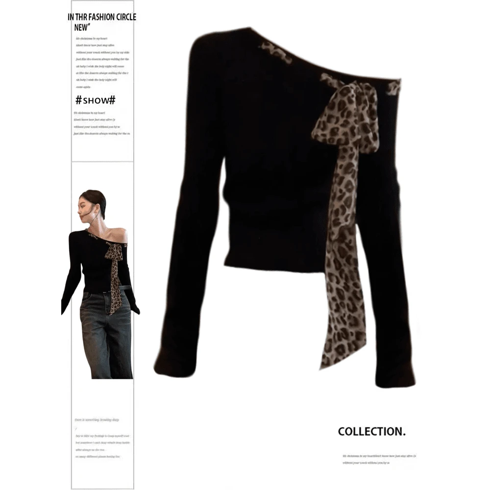 豹纹蝴蝶结一字斜肩上衣女秋季设计感修身别致长袖针织T恤打