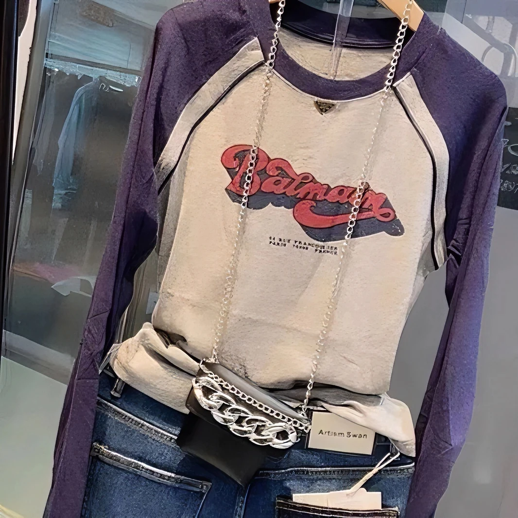 欧洲站2025秋装新款插肩字母拼接百搭T恤女时尚显瘦打底衫上