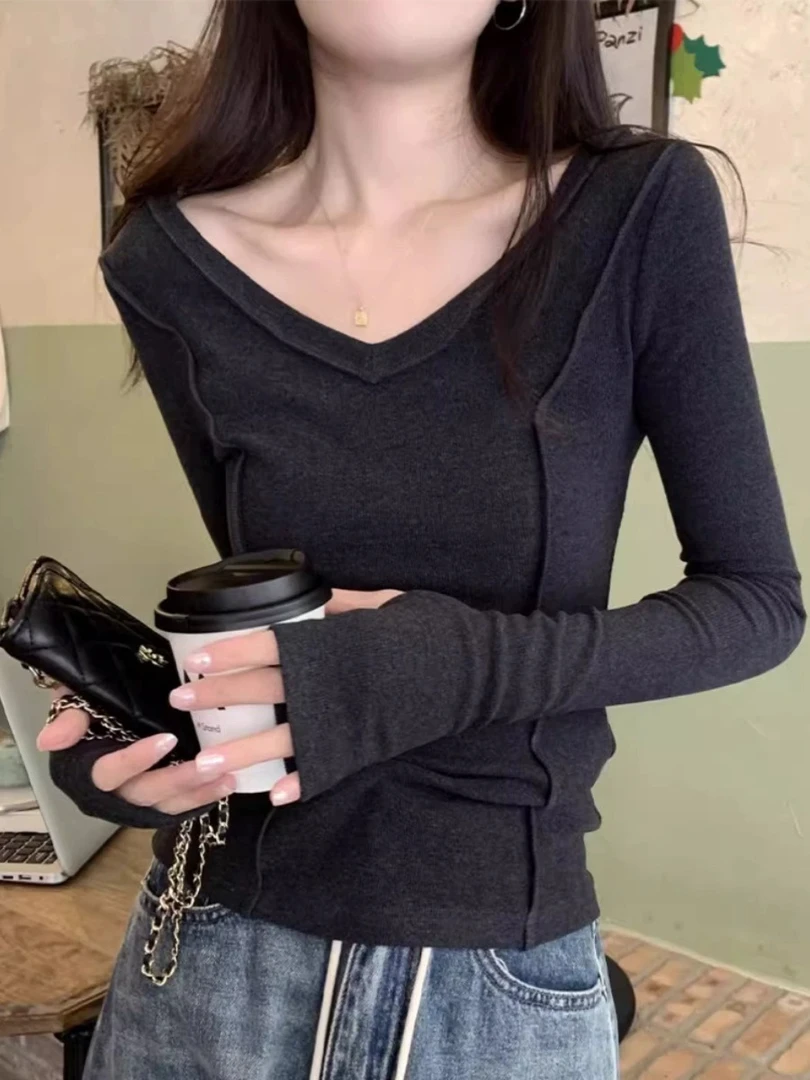 V领长袖T恤女2025早春新款内搭设计感鱼骨打底衫拼接修身显瘦上衣