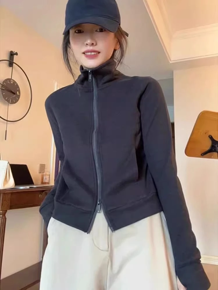 老钱风时尚秋冬新款双面绒显瘦立领拉链开衫百搭卫衣休闲外套