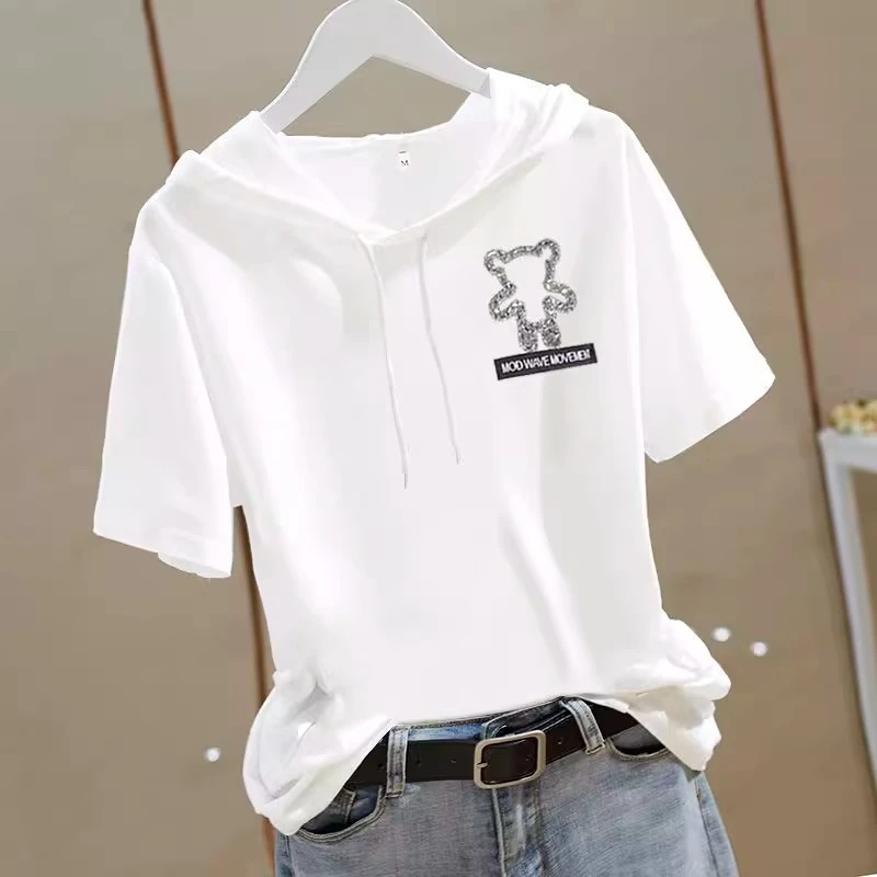 连帽短袖t恤女2025夏季新款设计感小熊烫钻上衣宽松粉色上衣