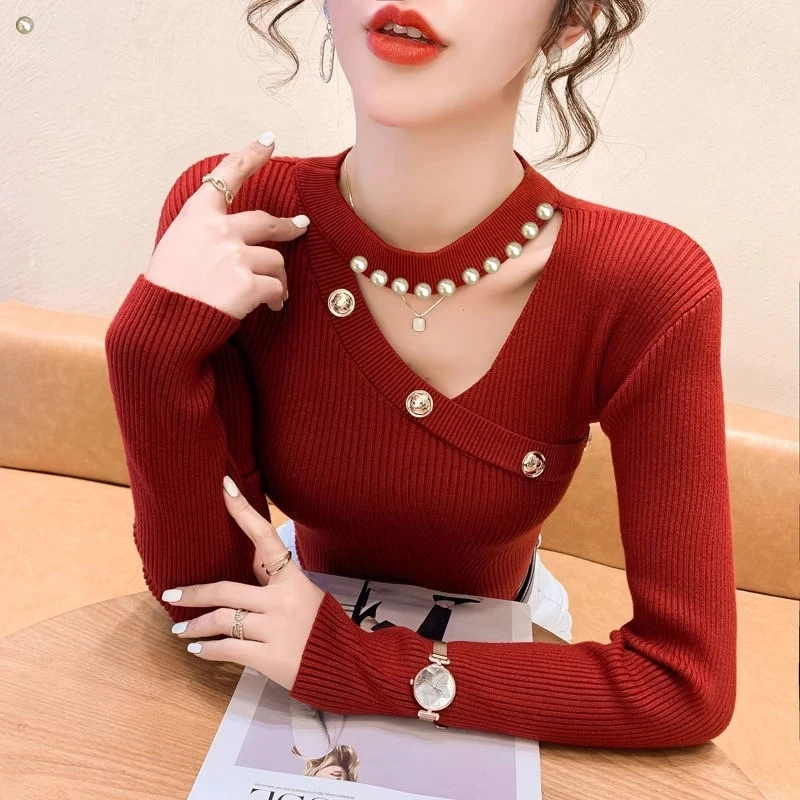 加绒挂脖红色针织衫女2025新款感小众镂空毛衣打底衫内搭秋冬