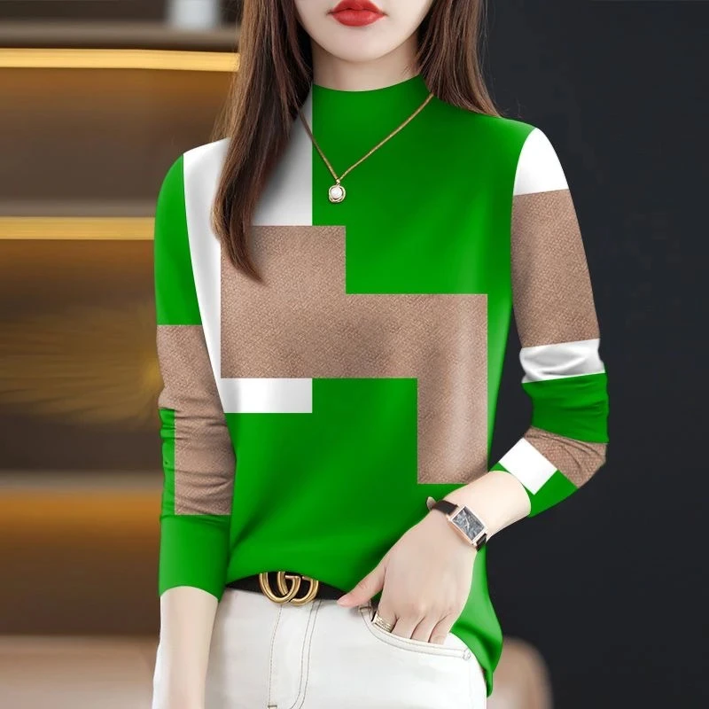 2025新款半高领长袖打底衫时尚印花遮肚气质秋冬爆款T恤女上