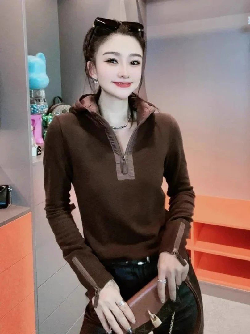 欧货半拉链卫衣女秋冬季咖色美拉德穿搭大码加绒独特别致保暖