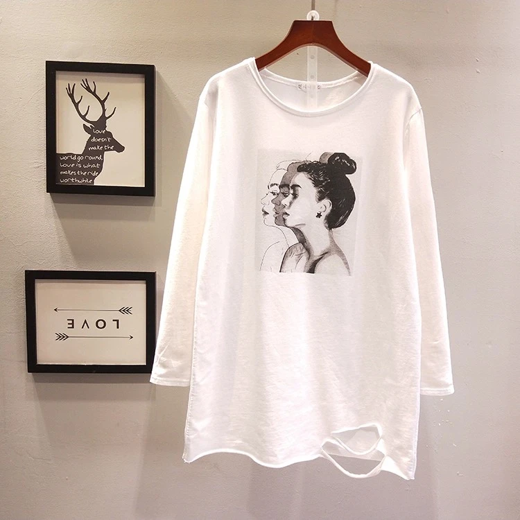 中长款白色长袖T恤女春季2025新款时尚宽松加绒内搭破洞圆领上衣