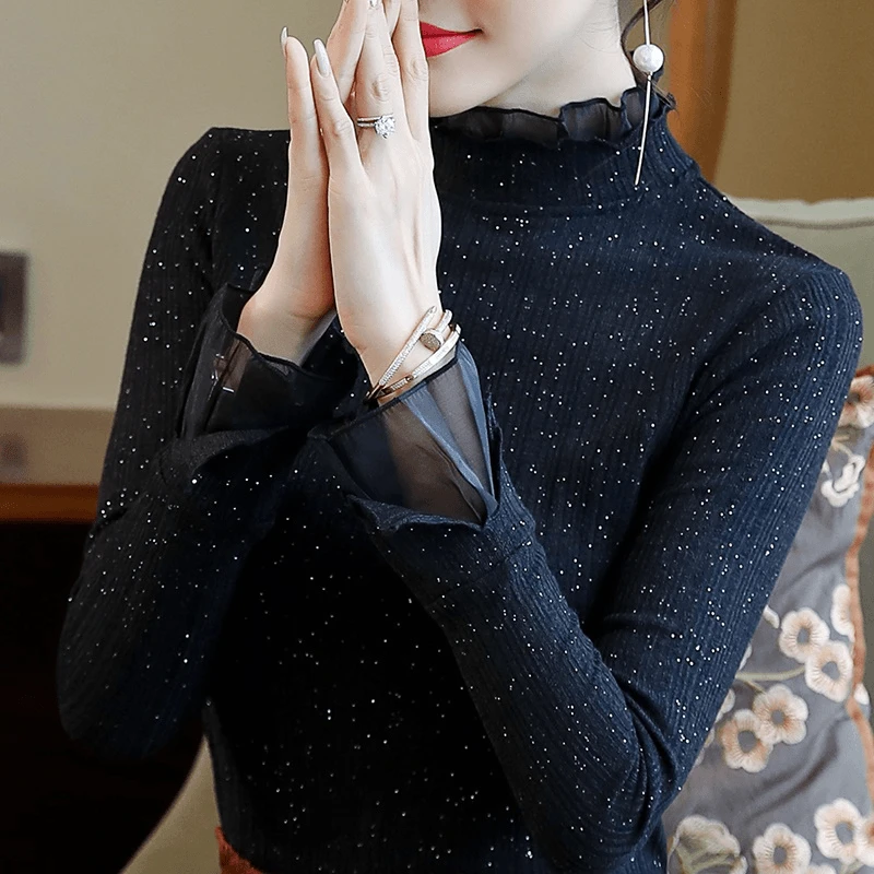 蕾丝打底衫女长袖2025新款欧货时尚春秋小衫洋气欧洲雪纺拼纱