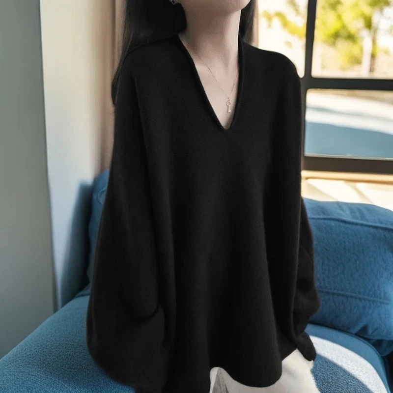 法式黑色领高级感套头针织衫毛衣2025秋冬季新款慵懒风宽松上