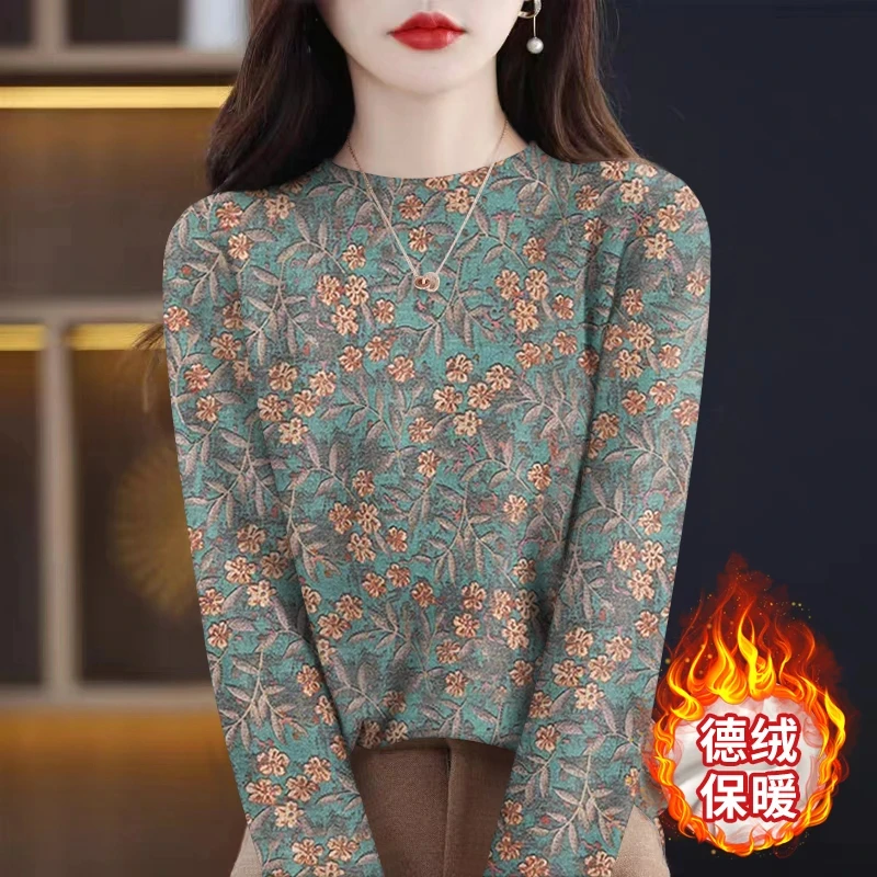 秋冬德绒半高领打底衫洋气保暖上衣百搭气质修身外穿印花长袖