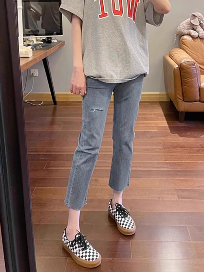 2025破洞牛仔裤女春夏薄款复古高腰弹力显瘦烟管裤小个子七八分直