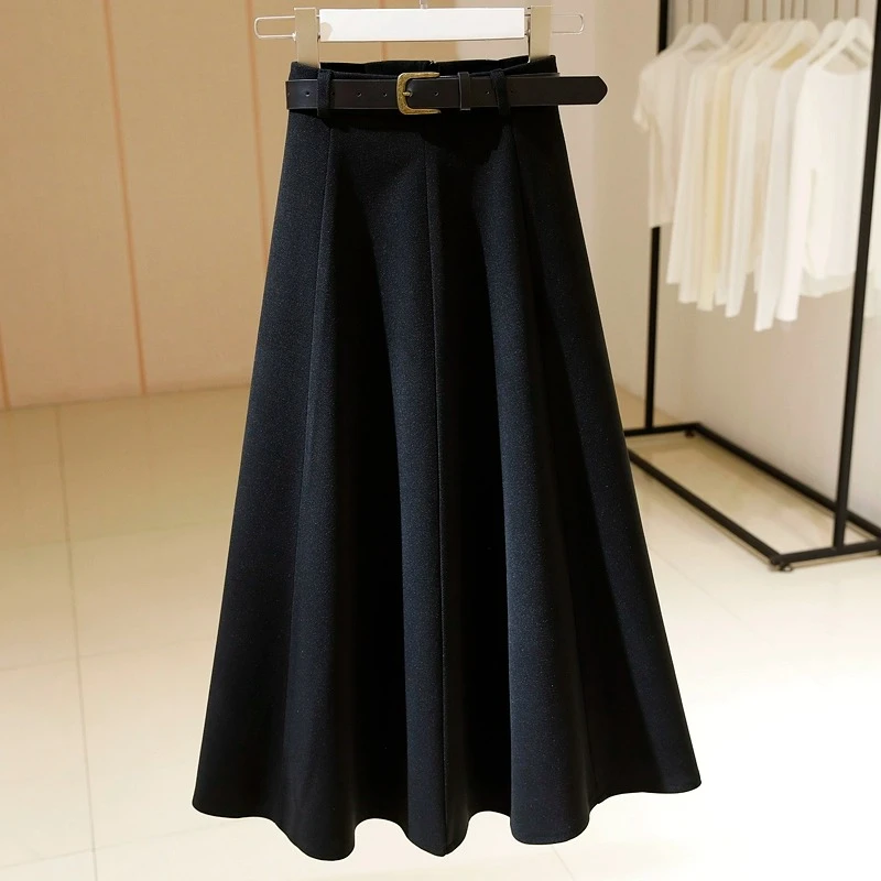 黑色毛呢半身裙女高腰2025秋冬新款宽松显瘦百搭中长款a字大摆裙