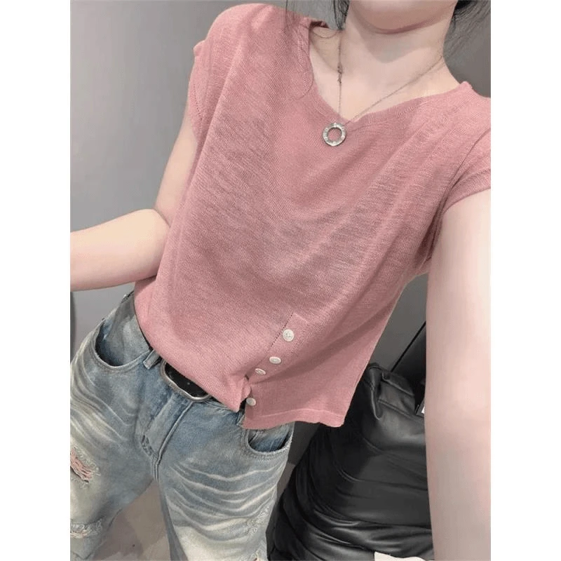 欧洲站夏新款圆领针织衫短袖女设计感气质宽松显瘦不规则上衣