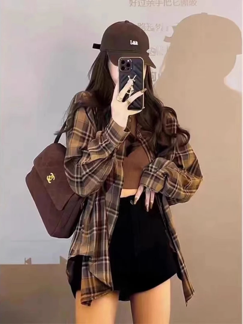 咖色格子长袖衬衫女2025秋季新款宽松显瘦小个子外搭衬衣外套