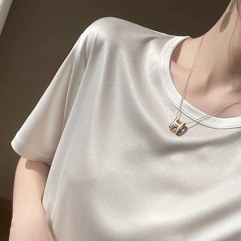 纯色日本进口高级三醋酸圆领T恤女宽松显瘦V领短袖小众气质上