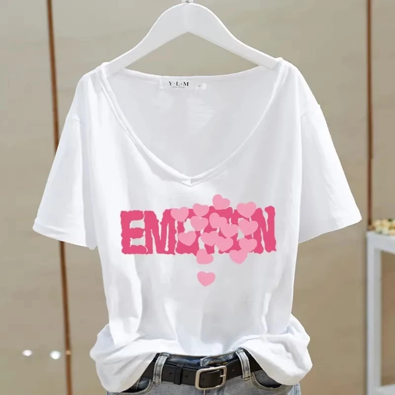 粉色小爱心短袖T恤女2025夏季新款V领显瘦百搭上衣潮休闲