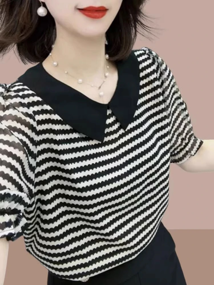 条纹欧货短袖T恤女夏季高端大牌娃娃领雪纺洋气减龄polo领上