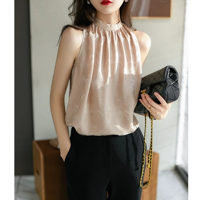 法式提花挂脖吊带背心女士无袖2025新款夏季露肩醋酸缎面上衣
