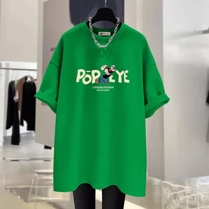2025新款夏季欧货大力水手大版宽松绿色短袖t恤女中长款遮屁