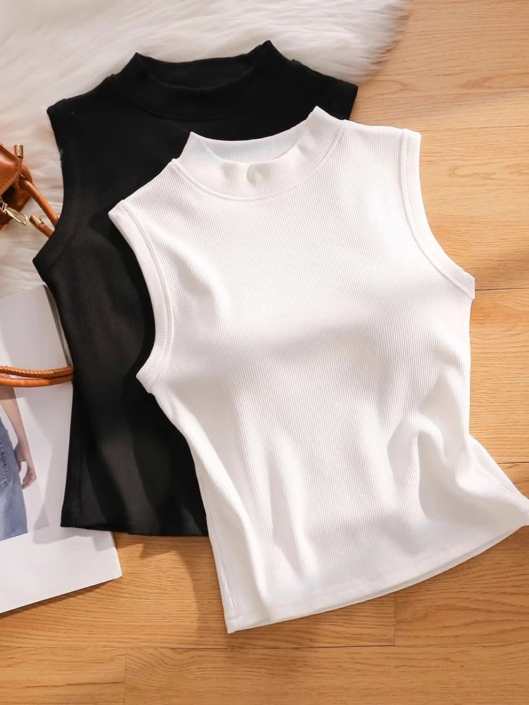 半高领无袖背心女小立领中领修身显瘦白色无袖打底衫内搭吊带