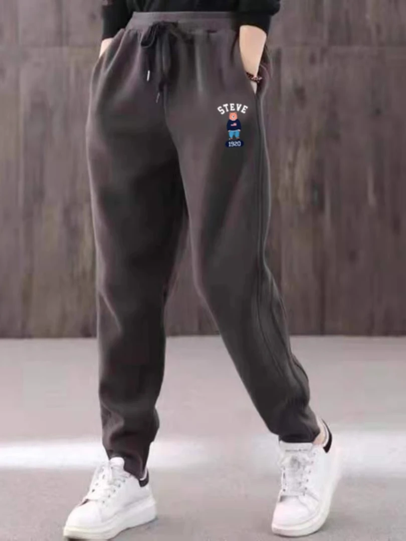 加绒卫裤女2025秋冬新款欧货高腰休闲印花加厚宽松束脚直筒运