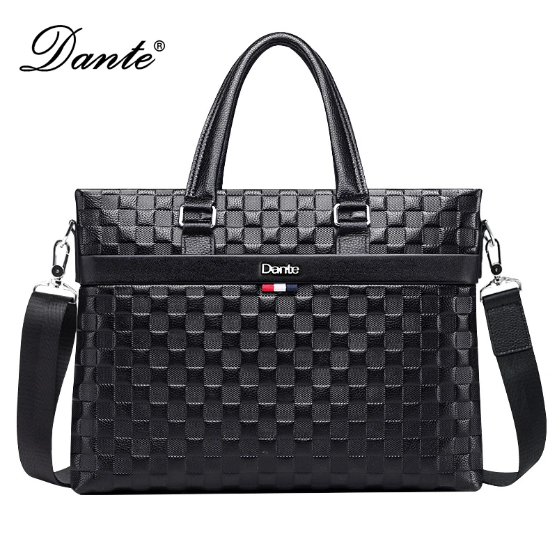 Dante男士头层牛皮手提包斜挎单肩包真皮格子高档ll