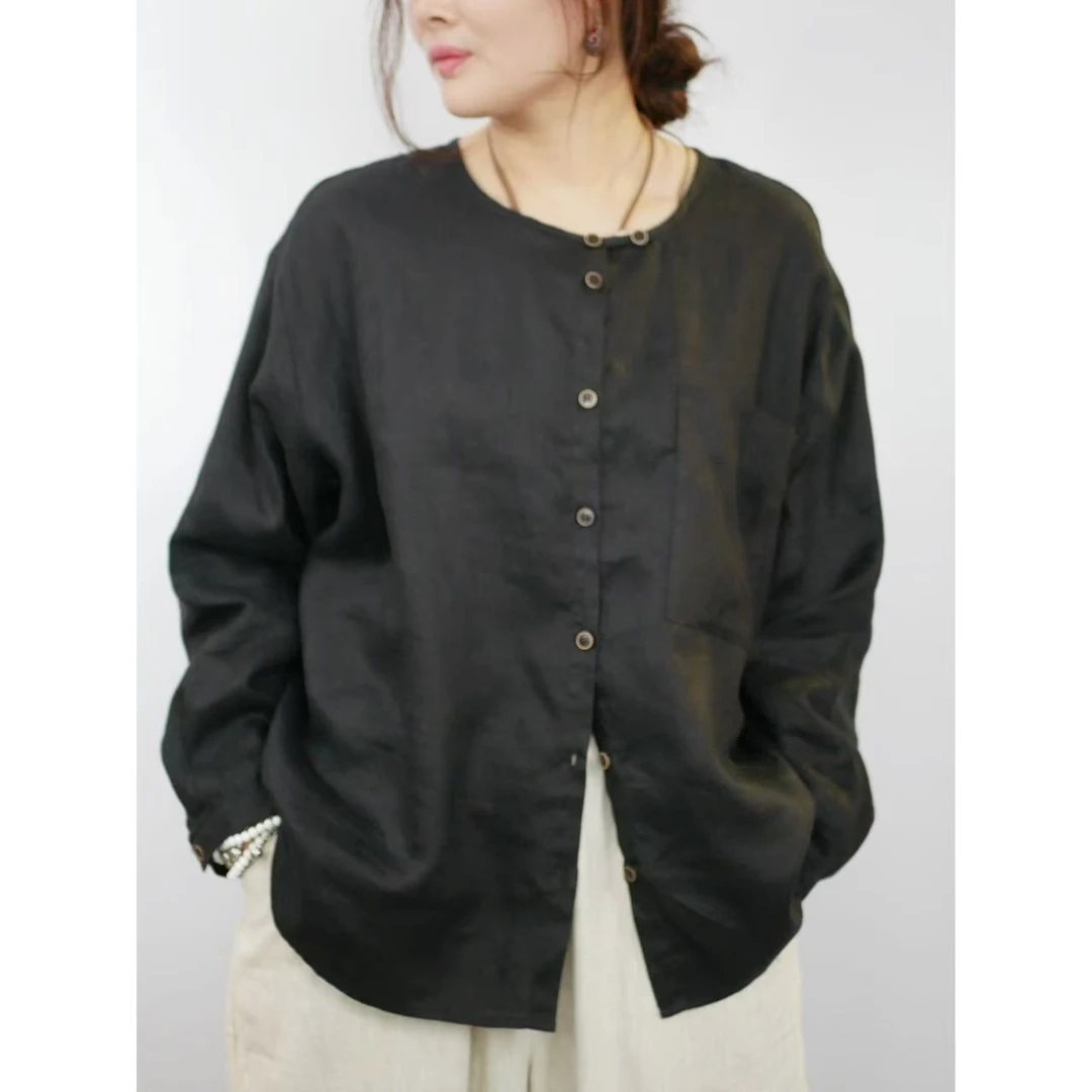 福禧·爱尼新款时尚百搭纯色设计款亚麻圆领长袖衬衫1006