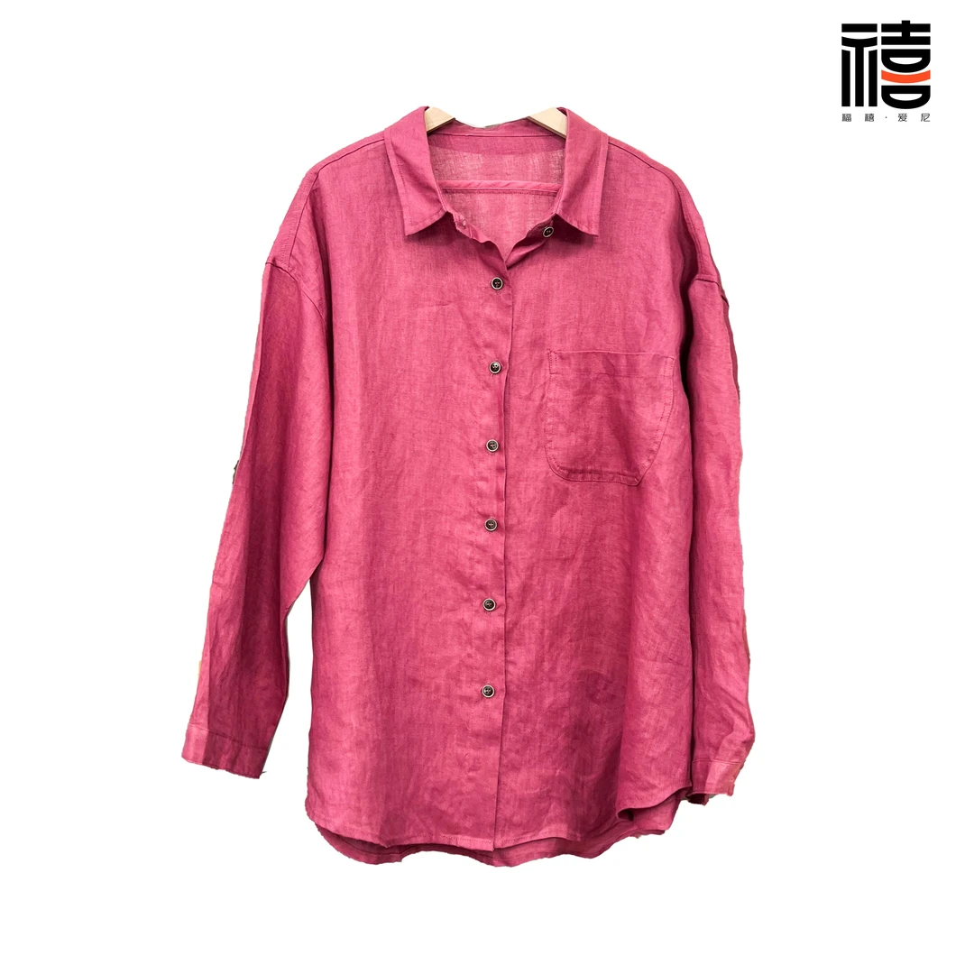 福禧·爱尼春夏季新款时尚百搭纯色方领长袖亚麻衬衫077