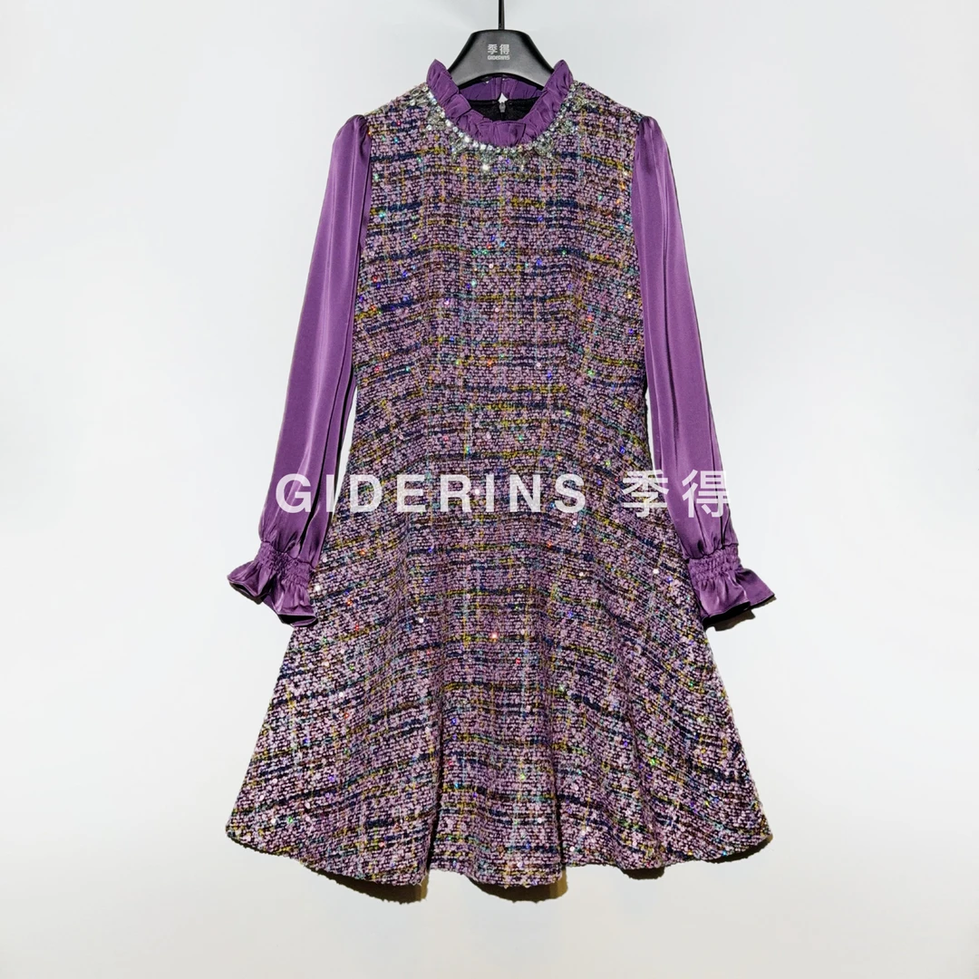 林果&季得【经典重现】重工钉珠百搭减龄气质拼接长袖款连衣裙