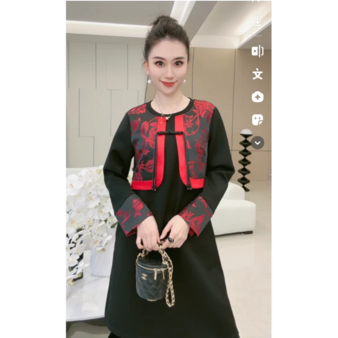 林果&季得【雅致】时尚盘扣拼接百搭减龄气质女士长袖款连衣裙