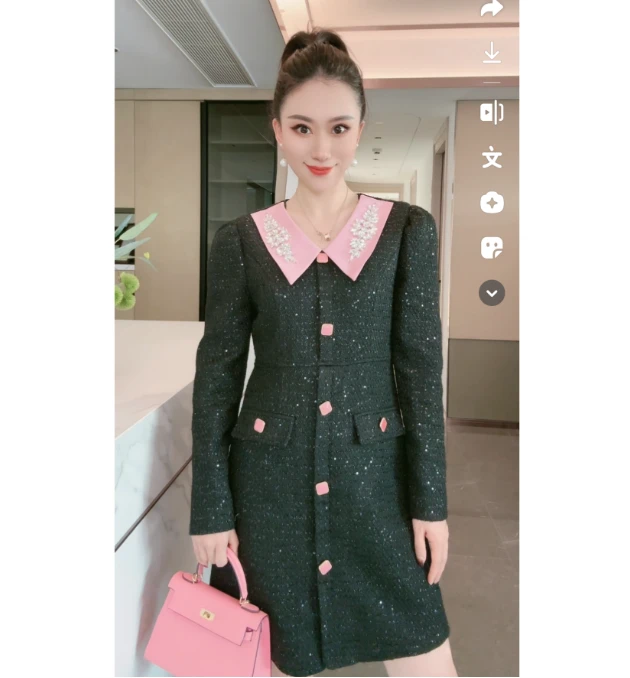 林果&季得 【千金小姐】个性单排纽扣时尚拼接女士中长款连衣裙