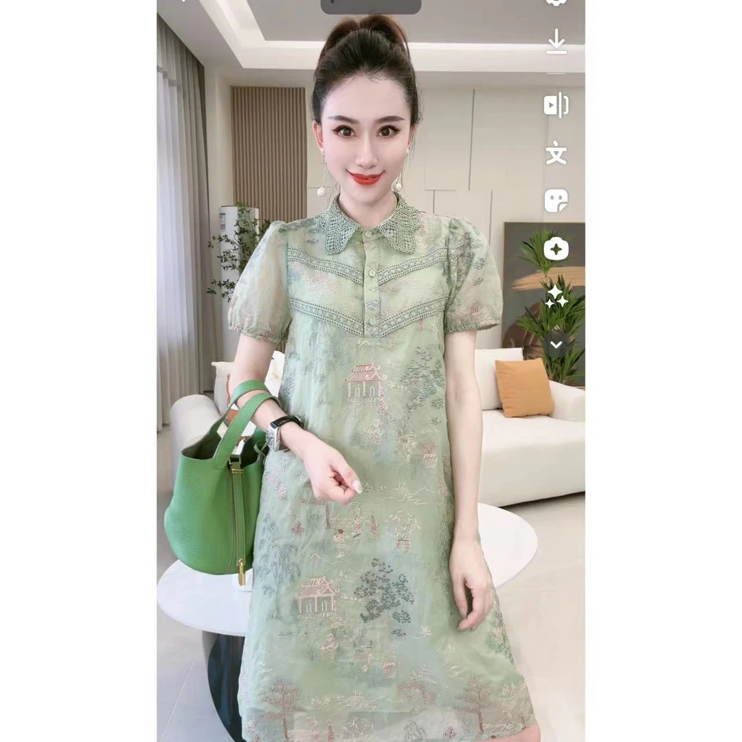 林果&季得 【清平乐】小翻领蕾丝花边夏季中长款连衣裙