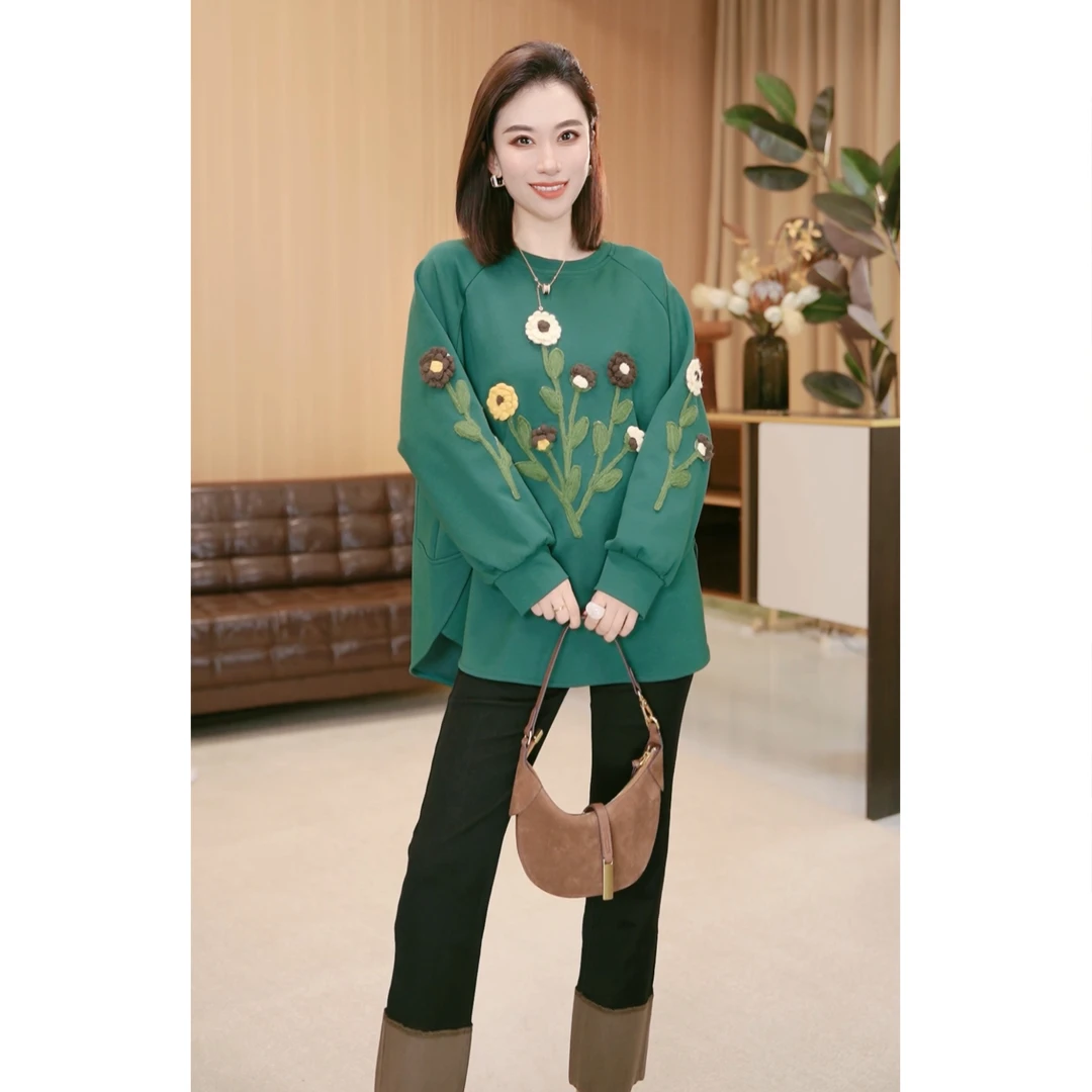 林果&季得 【花田密语】时尚减龄气之百搭花朵女士长袖卫衣