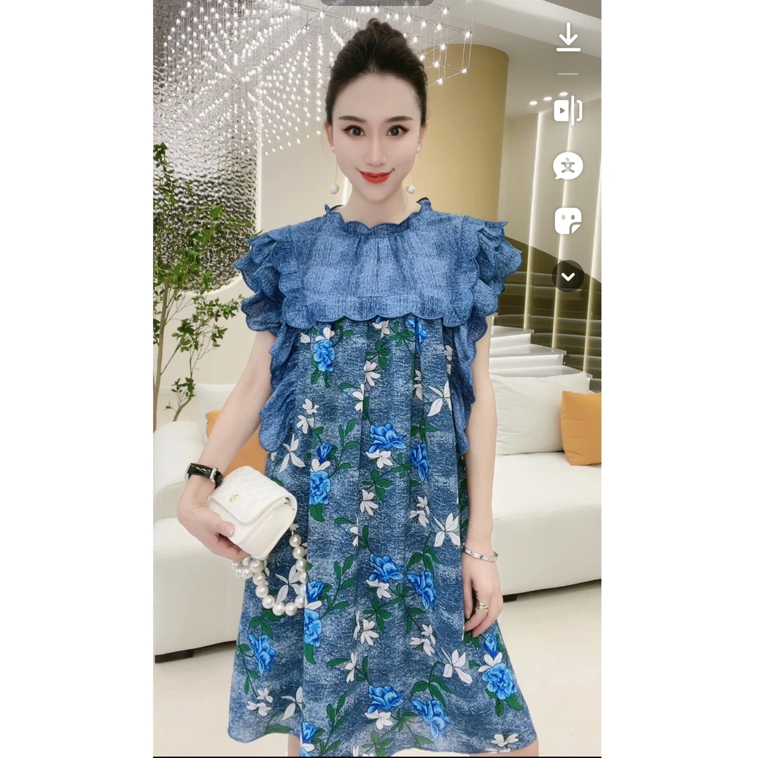 林果&季得 【精致时光】时尚拼接花朵中长款连衣裙