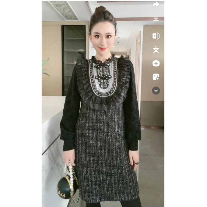 林果&季得 【红颜知己】重工钉珠盘扣时尚拼接长袖款连衣裙