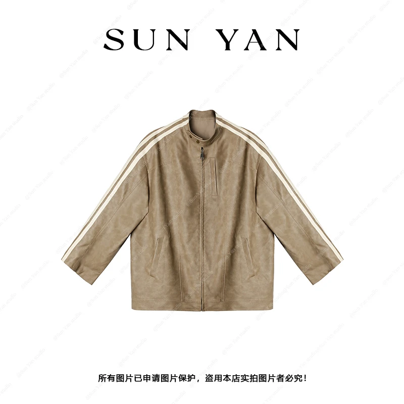 孙妍新款【弗卡皮衣】美式复古做旧休闲风宽松撞色条纹皮衣外套女