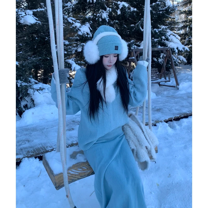 孙妍新款【云端暖绒 】套装休闲风V领坑条破洞宽松毛衣 半身长裙