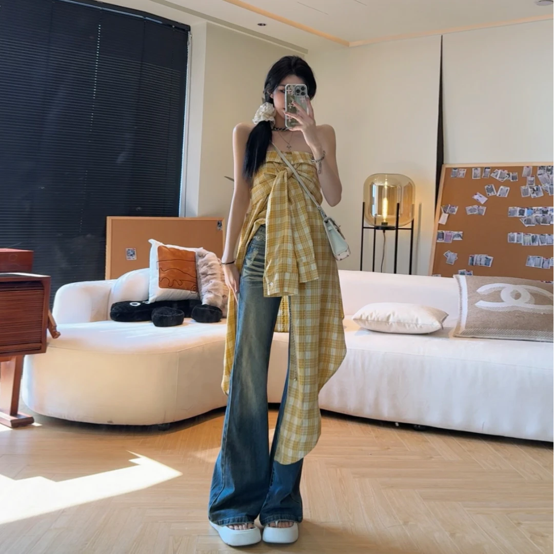 孙妍新款【日落黄格】春夏小众设计感显白显瘦格子吊带上衣2024新款